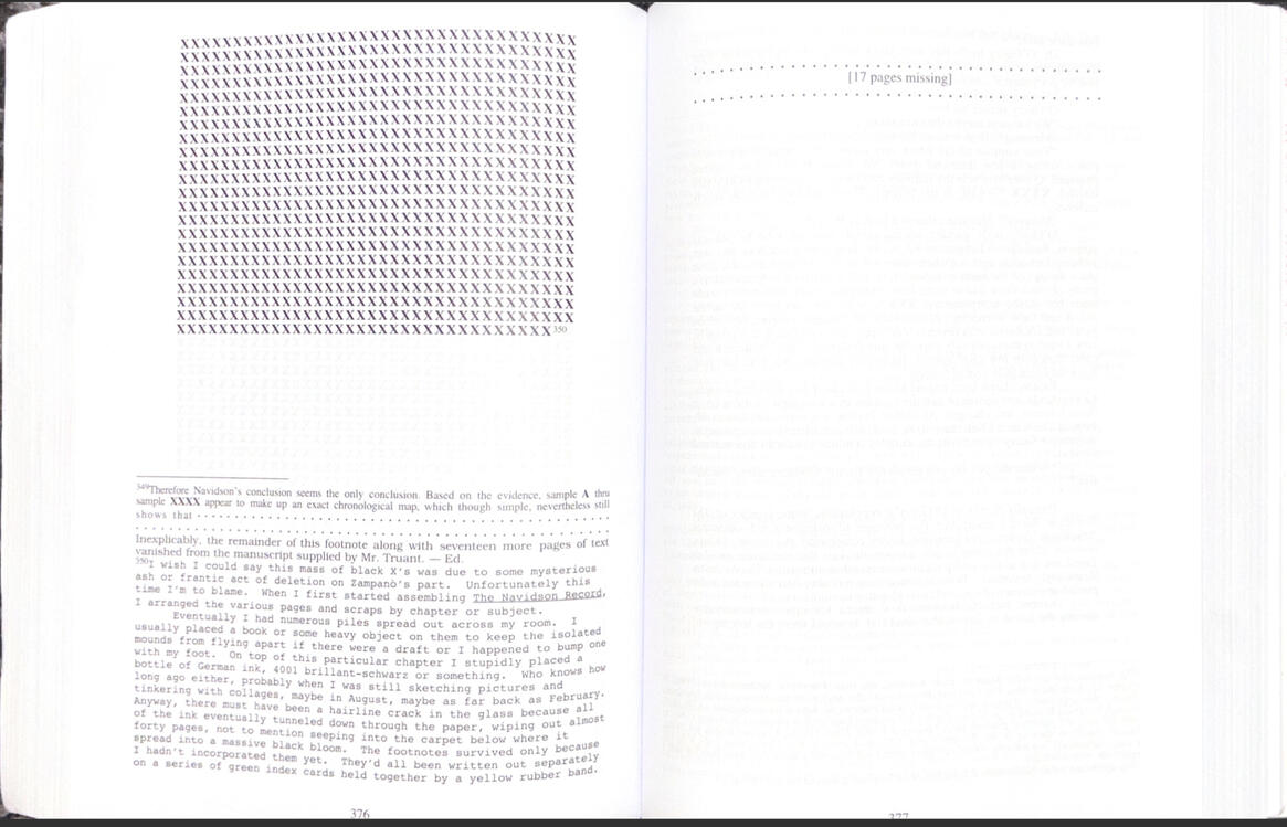 *[House]{#6570ae} of Leaves* pages 376 & 377.